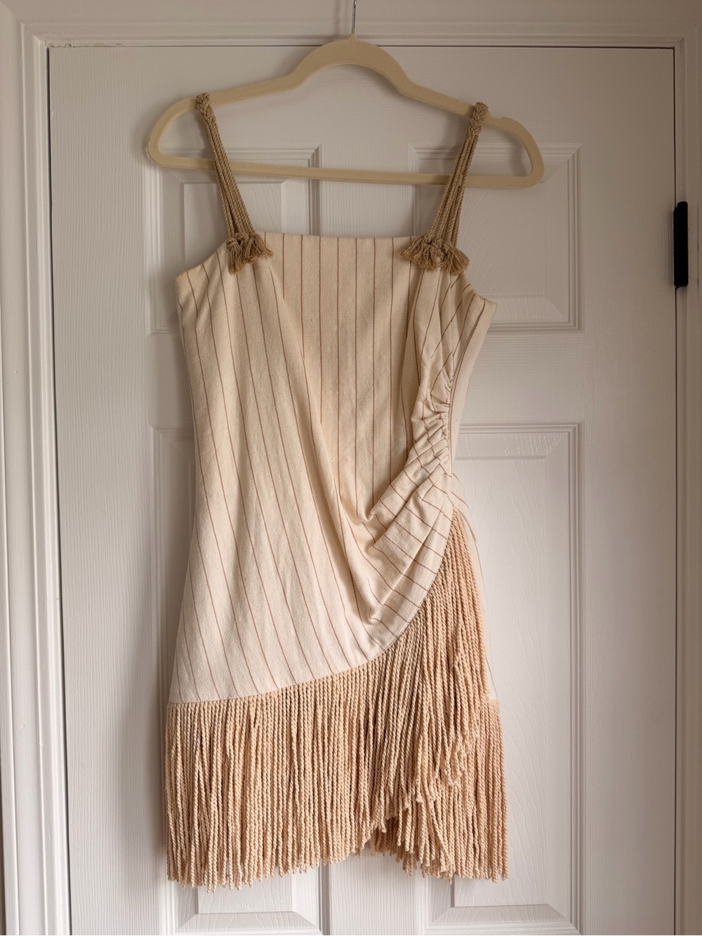Just Bee Queen XS Cream Pinstripe Fringe Dress Handmade USA Coastal Resort